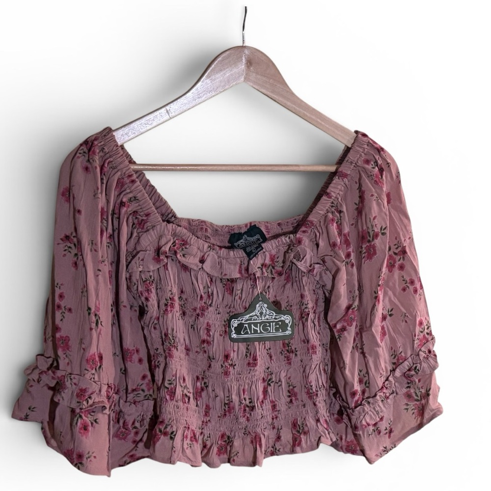 Angie Dusty Pink Floral Smocked Peasant Top | Bell Sleeve Boho | Size L